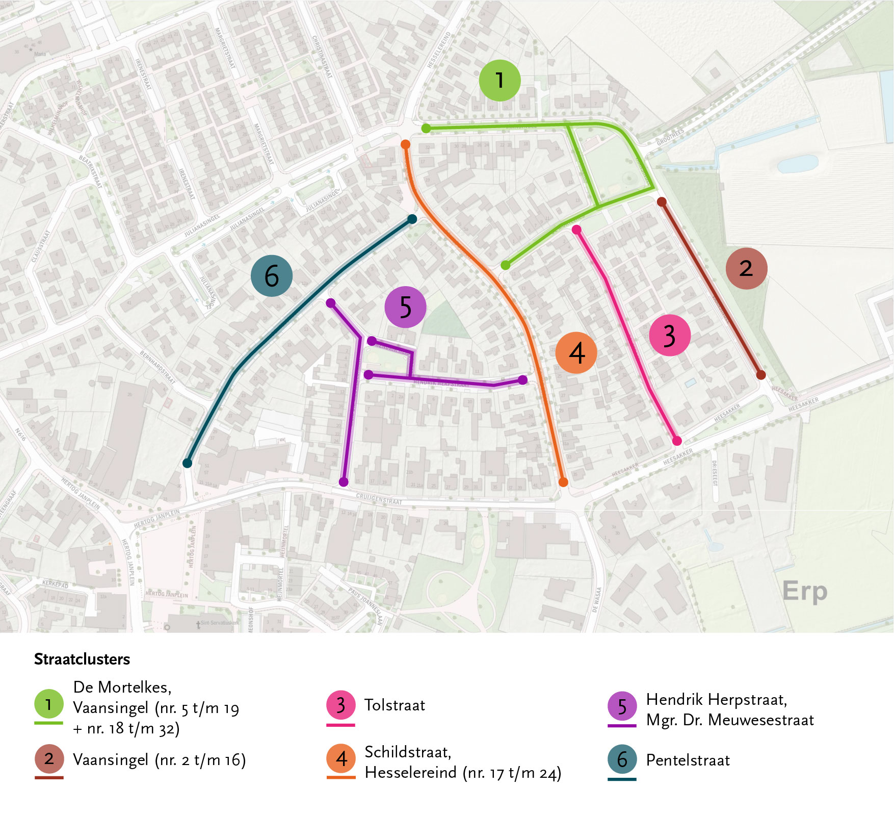 Op deze kaart ziet u welke straten in Erp-Oost deel uitmaken van het afkoppelingsproject. Het gaat om de volgende straten of straatdelen: De Mortelkes, Vaansingel nr. 5 t/m 19, 18 t/m 32 en 2 t/m 16, Tolstraat, Schildstraat, Hesselereind nr. 17 t/m 24, Hendrik Herpstraat, Mgr. Dr. Meeuwesestraat en Pentelstraat 